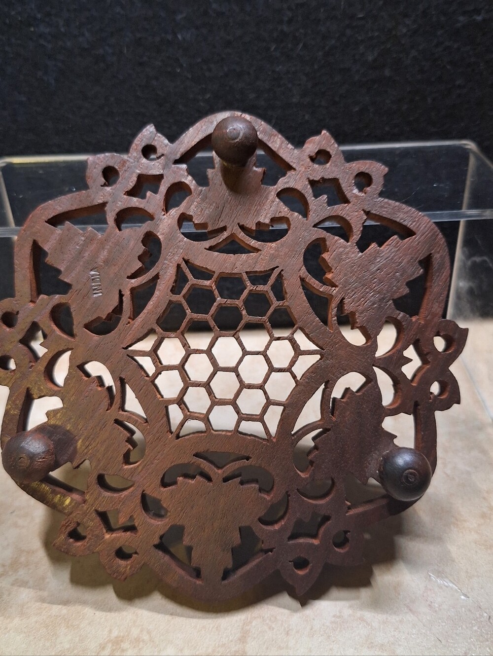 Boho Hand Carved Wood Trivet Plant Stand Hot Pad Floral Inlaid India Lot (3) VTG - Picture 5 of 11